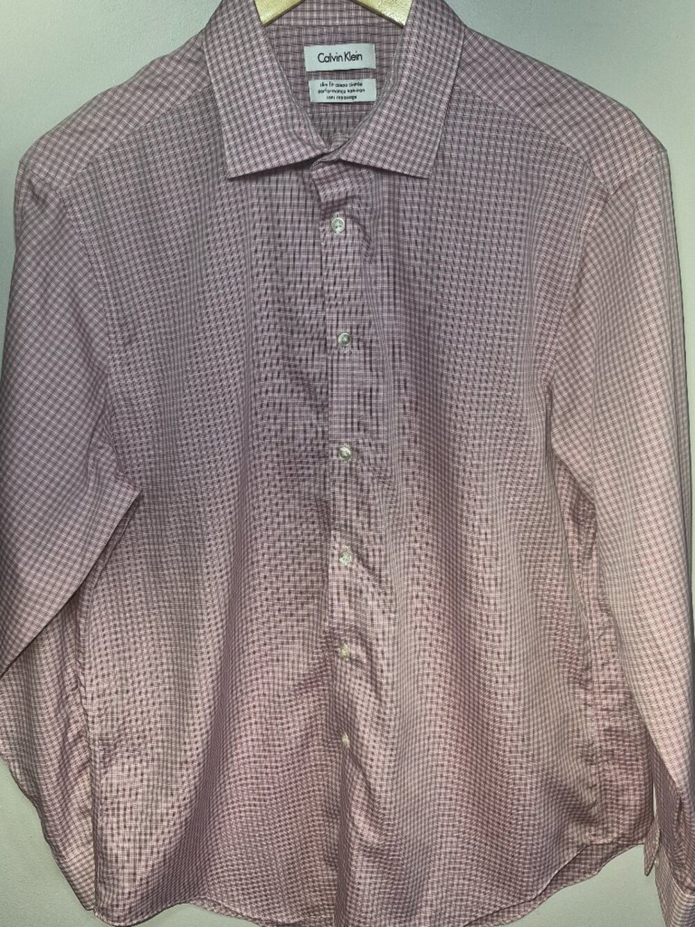 Calvin Klein Mens Dress Shirt 16.5 32/33 Slim Fit Non-Iron Pink Plaid Grid Check